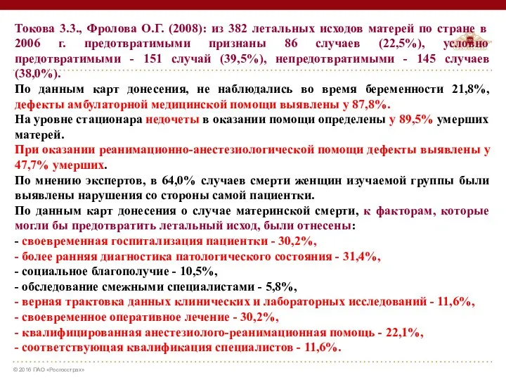 Токова 3.3., Фролова О.Г. (2008): из 382 летальных исходов матерей