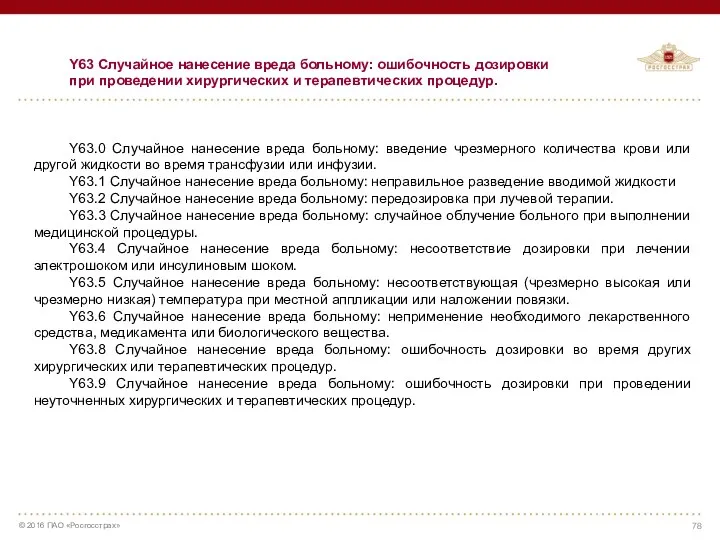 Y63 Случайное нанесение вреда больному: ошибочность дозировки при проведении хирургических