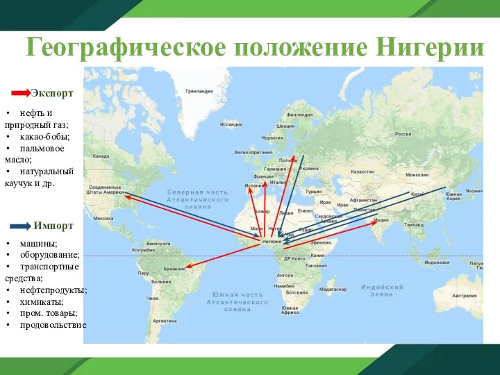 Географическое положение Нигерии Экспорт Импорт нефть и при­род­ный газ; ка­као-бо­бы;