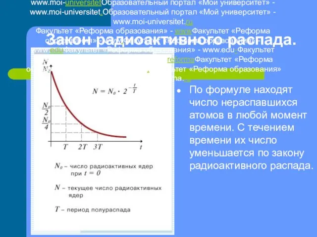 Закон радиоактивного распада. По формуле находят число нераспавшихся атомов в