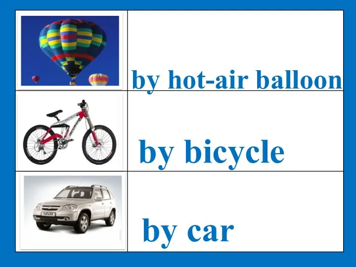 by hot-air balloon by bicycle by car
