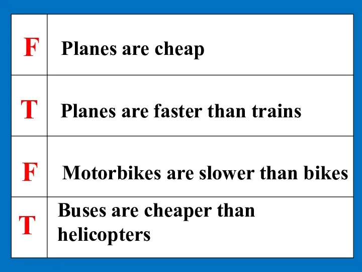 Planes are cheap Planes are faster than trains Motorbikes are slower than bikes