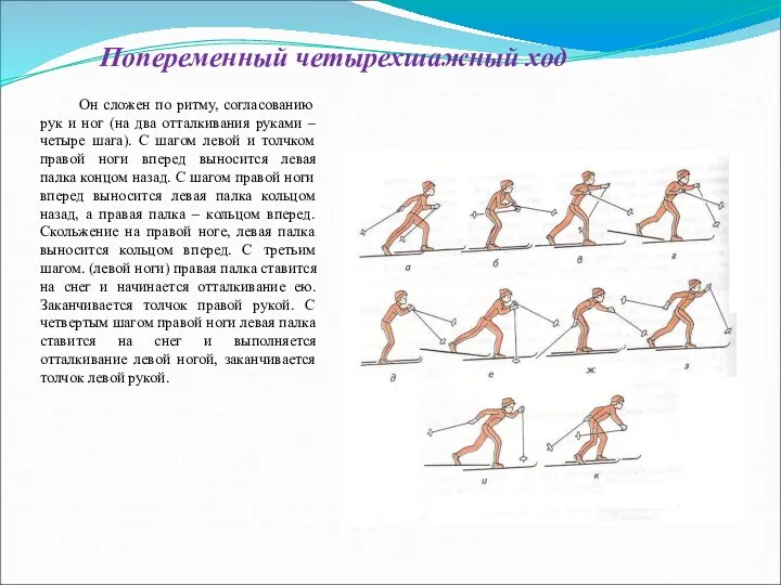 Попеременный четырехшажный ход Он сложен по ритму, согласованию рук и