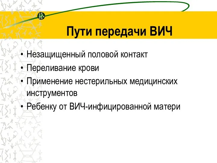 Пути передачи ВИЧ Незащищенный половой контакт Переливание крови Применение нестерильных медицинских инструментов Ребенку от ВИЧ-инфицированной матери