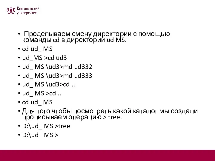 Проделываем смену директории с помощью команды cd в директории ud MS. cd ud_