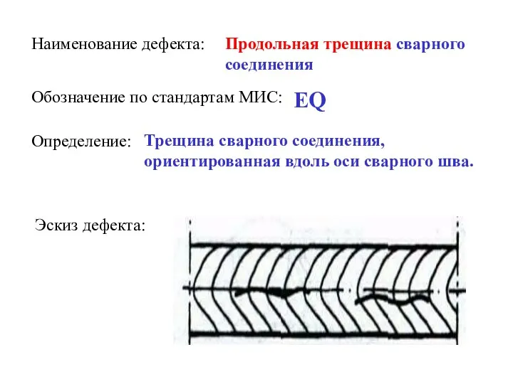 Наименование дефекта: Продольная трещина сварного соединения Обозначение по стандартам МИС: