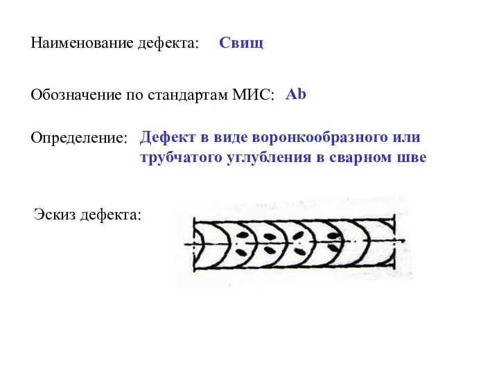 Наименование дефекта: Свищ Обозначение по стандартам МИС: Ab Определение: Дефект