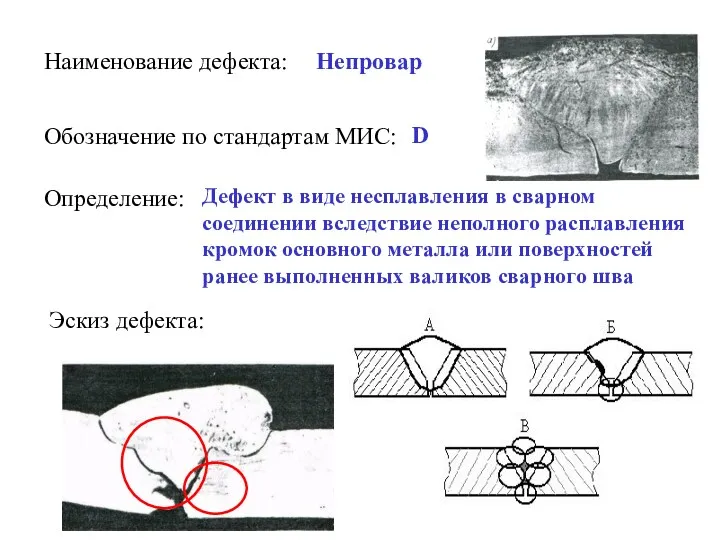 Наименование дефекта: Непровар Обозначение по стандартам МИС: D Определение: Дефект