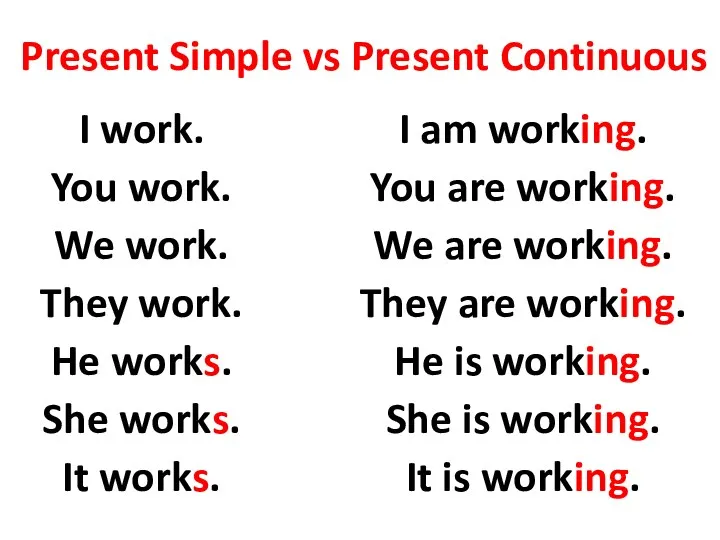 Present Simple vs Present Continuous I work. You work. We