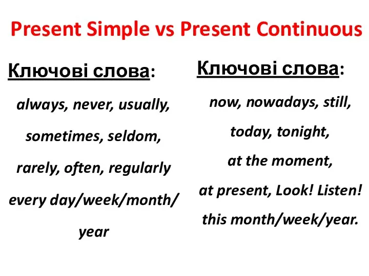 Present Simple vs Present Continuous Ключові слова: always, never, usually,