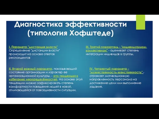 Диагностика эффективности (типология Хофштеде) I. Параметр "дистанция власти" Определение "дистанции власти" происходит на