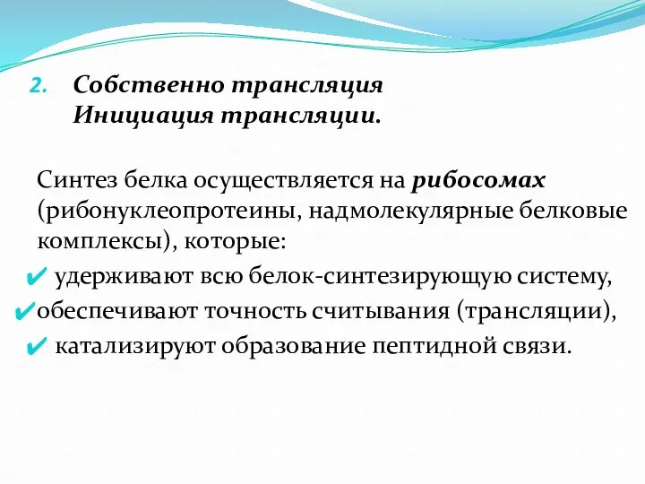 Собственно трансляция Инициация трансляции. Синтез белка осуществляется на рибосомах (рибонуклеопротеины,