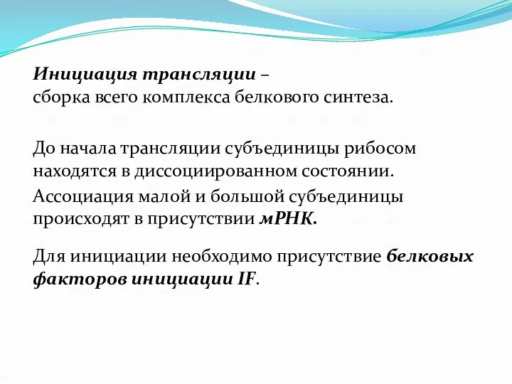 Инициация трансляции – сборка всего комплекса белкового синтеза. До начала