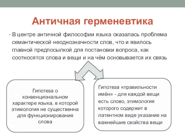 Античная герменевтика В центре античной философии языка оказалась проблема семантической