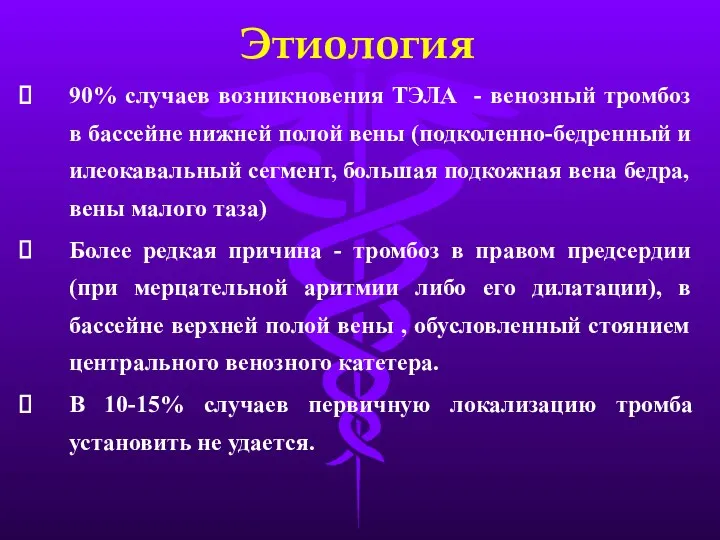 Этиология 90% случаев возникновения ТЭЛА - венозный тромбоз в бассейне