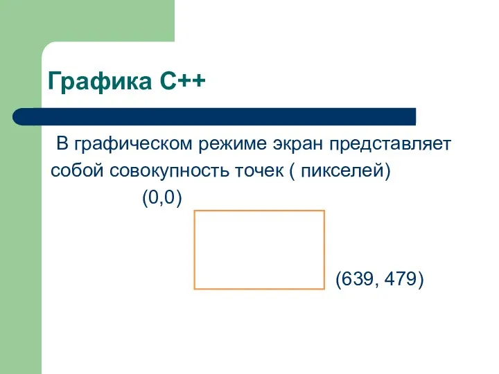 Графика С++ В графическом режиме экран представляет собой совокупность точек ( пикселей) (0,0) (639, 479)