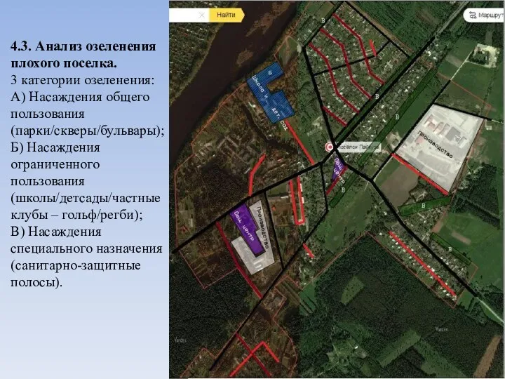 4.3. Анализ озеленения плохого поселка. 3 категории озеленения: А) Насаждения