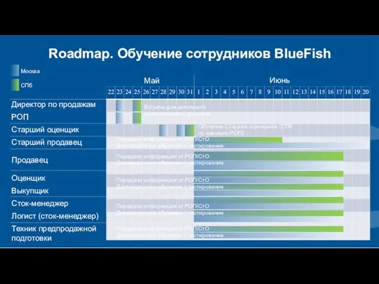 Roadmap. Обучение сотрудников BlueFish Директор по продажам РОП Старший оценщик