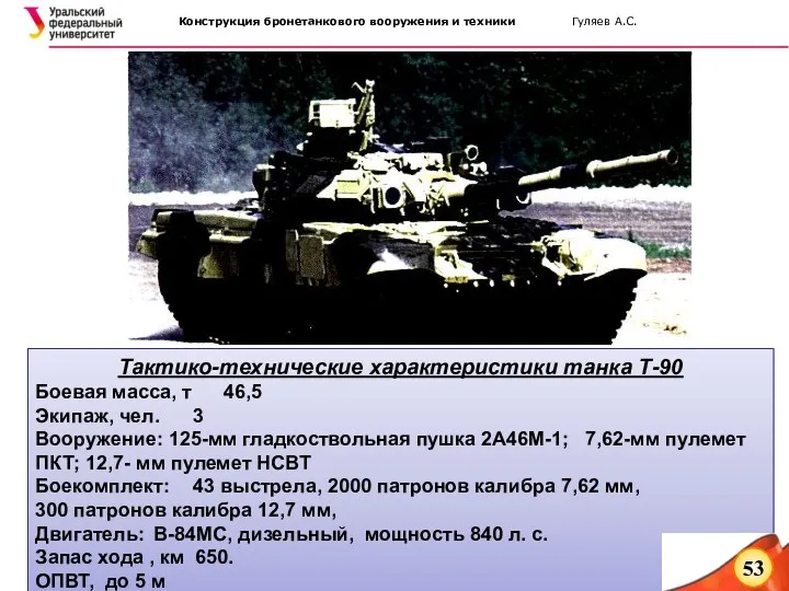 Тактико-технические характеристики танка Т-90 Боевая масса, т 46,5 Экипаж, чел.