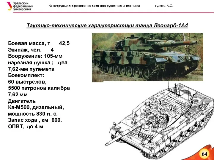 Тактико-технические характеристики танка Леопард-1А4 Боевая масса, т 42,5 Экипаж, чел.