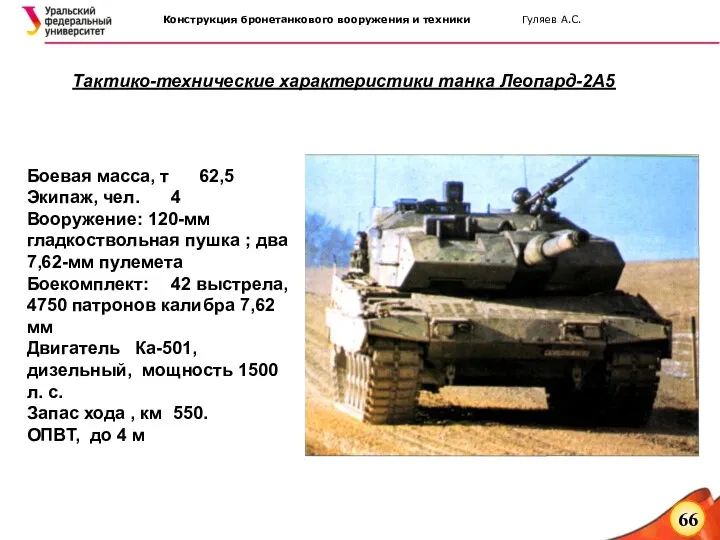 Тактико-технические характеристики танка Леопард-2А5 Боевая масса, т 62,5 Экипаж, чел.