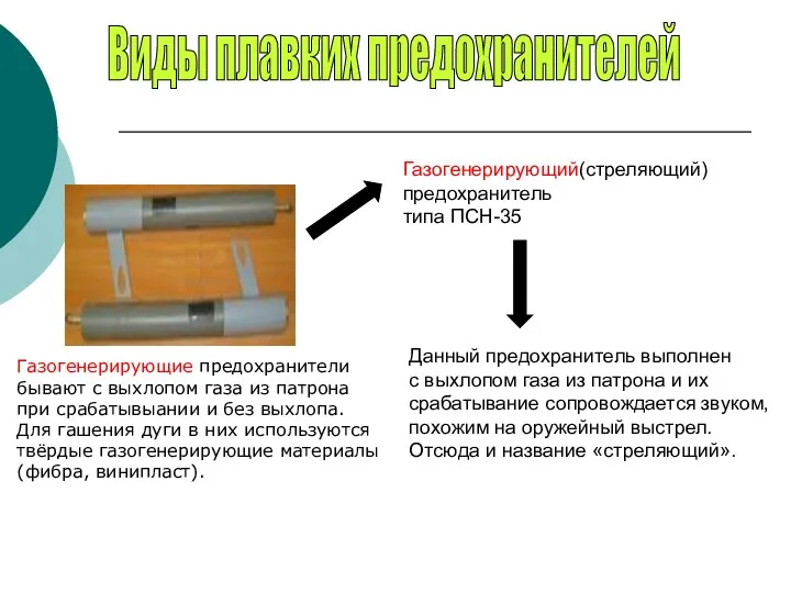 Виды плавких предохранителей Газогенерирующий(стреляющий) предохранитель типа ПСН-35 Данный предохранитель выполнен