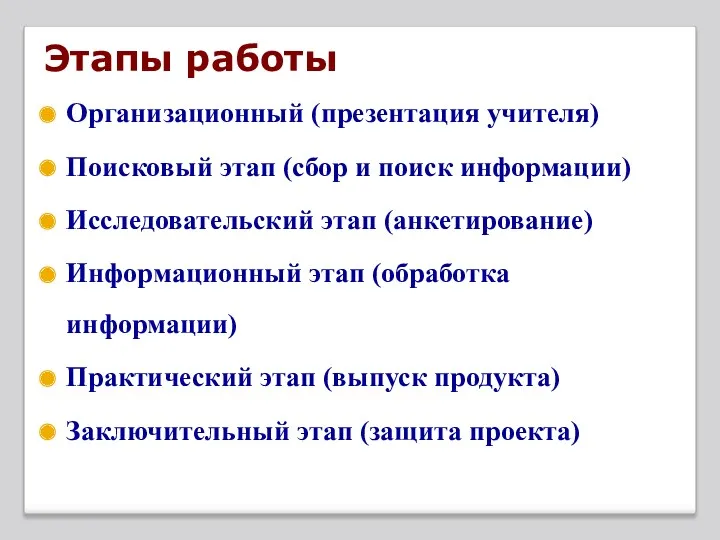 Этапы работы Организационный (презентация учителя) Поисковый этап (сбор и поиск