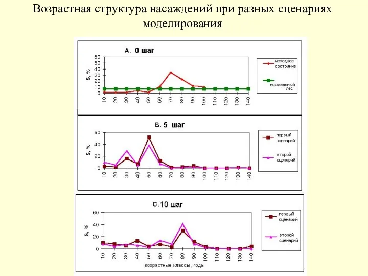 Возрастная структура насаждений при разных сценариях моделирования