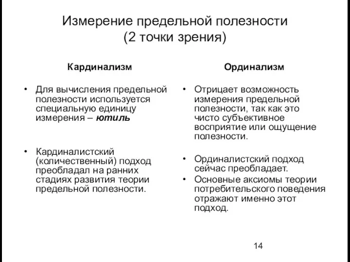 Измерение предельной полезности (2 точки зрения) Кардинализм Для вычисления предельной полезности используется специальную