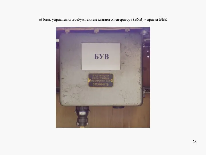 е) блок управления возбуждением главного генератора (БУВ) - правая ВВК 28