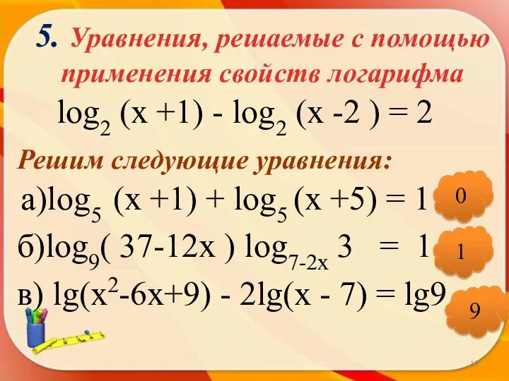 5. Уравнения, решаемые с помощью применения свойств логарифма log2 (х