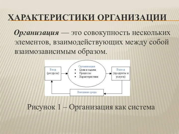 ХАРАКТЕРИСТИКИ ОРГАНИЗАЦИИ Организация — это совокупность нескольких элементов, взаимодействующих между