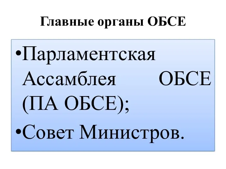 Главные органы ОБСЕ Парламентская Ассамблея ОБСЕ (ПА ОБСЕ); Совет Министров.