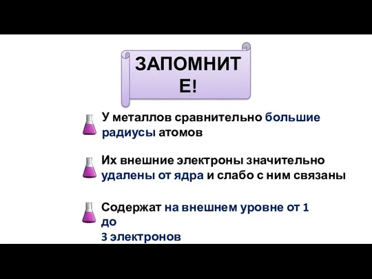 ЗАПОМНИТЕ! У металлов сравнительно большие радиусы атомов Их внешние электроны