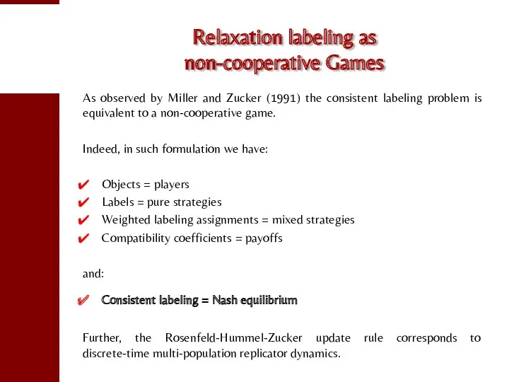 Relaxation labeling as non-cooperative Games As observed by Miller and