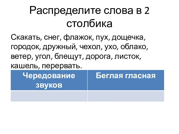 Распределите слова в 2 столбика Скакать, снег, флажок, пух, дощечка,