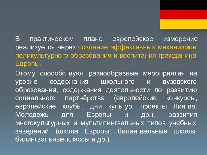 В практическом плане европейское измерение реализуется через создание эффективных механизмов