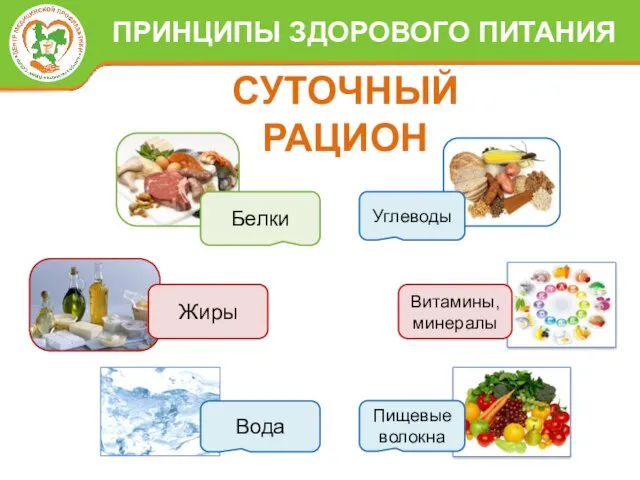 СУТОЧНЫЙ РАЦИОН ПРИНЦИПЫ ЗДОРОВОГО ПИТАНИЯ Углеводы Жиры Белки Пищевые волокна Витамины, минералы Вода