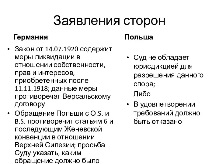 Заявления сторон Германия Закон от 14.07.1920 содержит меры ликвидации в