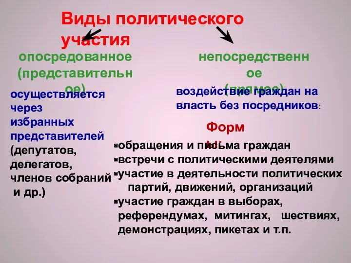 Виды политического участия опосредованное (представительное) осуществляется через избранных представителей (депутатов,