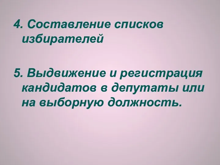 4. Составление списков избирателей 5. Выдвижение и регистрация кандидатов в депутаты или на выборную должность.