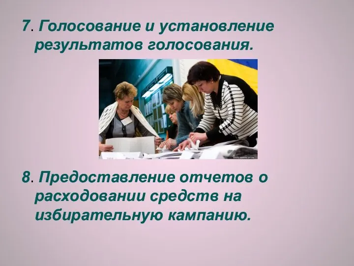 7. Голосование и установление результатов голосования. 8. Предоставление отчетов о расходовании средств на избирательную кампанию.