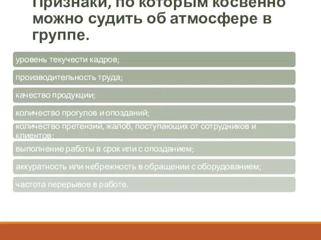 Признаки, по которым косвенно можно судить об атмосфере в группе.