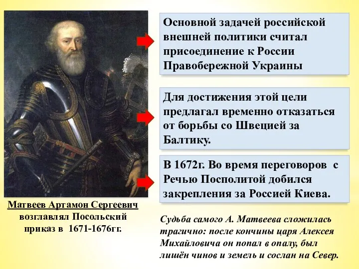 Матвеев Артамон Сергеевич возглавлял Посольский приказ в 1671-1676гг. Основной задачей российской внешней политики