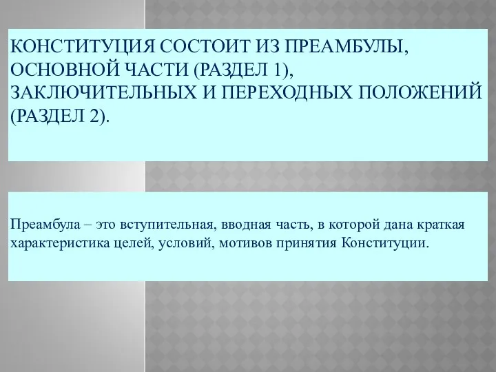 КОНСТИТУЦИЯ СОСТОИТ ИЗ ПРЕАМБУЛЫ, ОСНОВНОЙ ЧАСТИ (РАЗДЕЛ 1), ЗАКЛЮЧИТЕЛЬНЫХ И