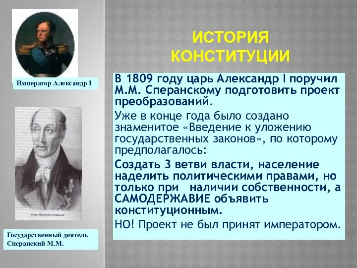 ИСТОРИЯ КОНСТИТУЦИИ В 1809 году царь Александр I поручил М.М.