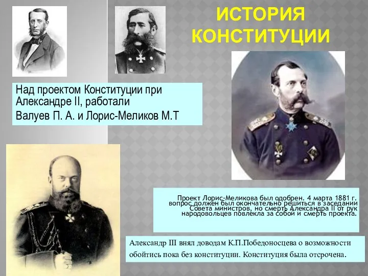 ИСТОРИЯ КОНСТИТУЦИИ Проект Лорис-Меликова был одобрен. 4 марта 1881 г. вопрос должен был