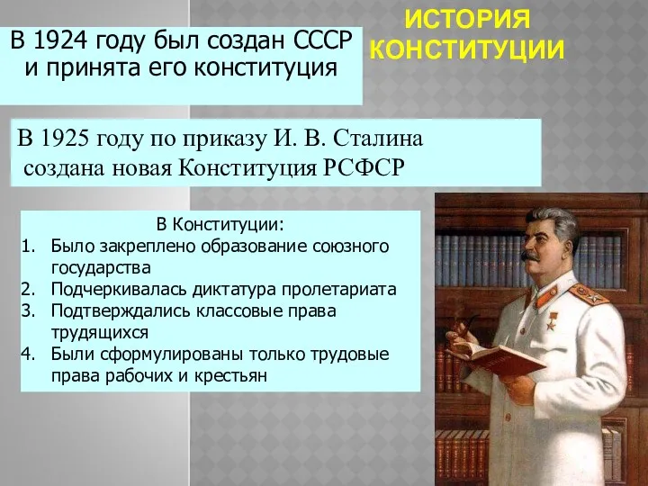 ИСТОРИЯ КОНСТИТУЦИИ В 1924 году был создан СССР и принята его конституция В
