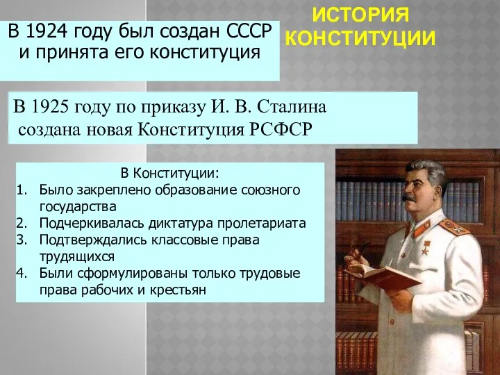 ИСТОРИЯ КОНСТИТУЦИИ В 1924 году был создан СССР и принята