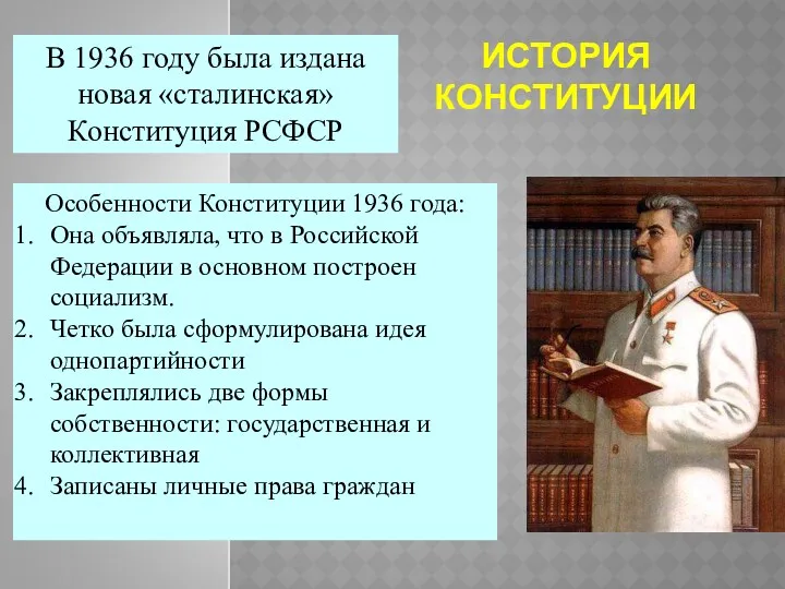 ИСТОРИЯ КОНСТИТУЦИИ В 1936 году была издана новая «сталинская» Конституция РСФСР Особенности Конституции